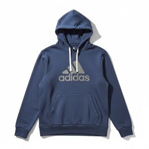 Adidas Mens Medium Hoodie Polyester Navy Blue Logo Pullover Fleece Sweatshirt